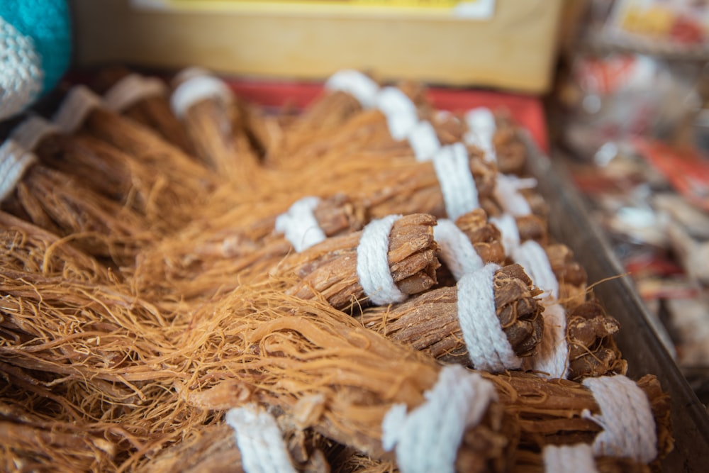 a close up of a football made out of straw