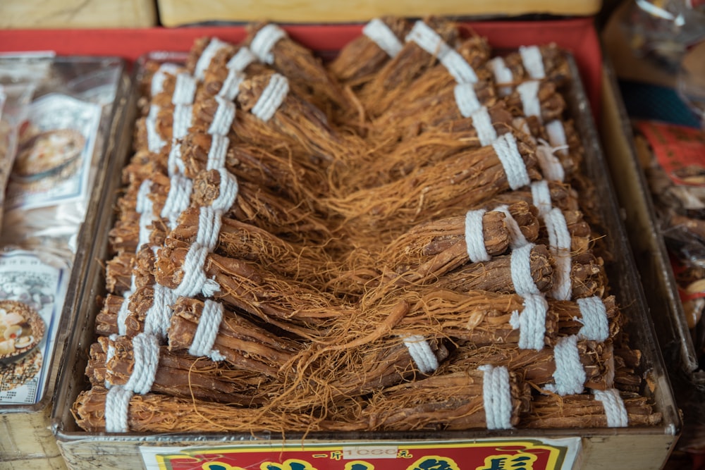 a close up of a tray of food on a table