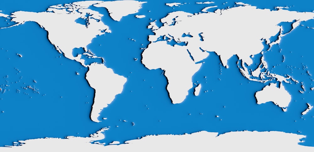 a blue and white map of the world