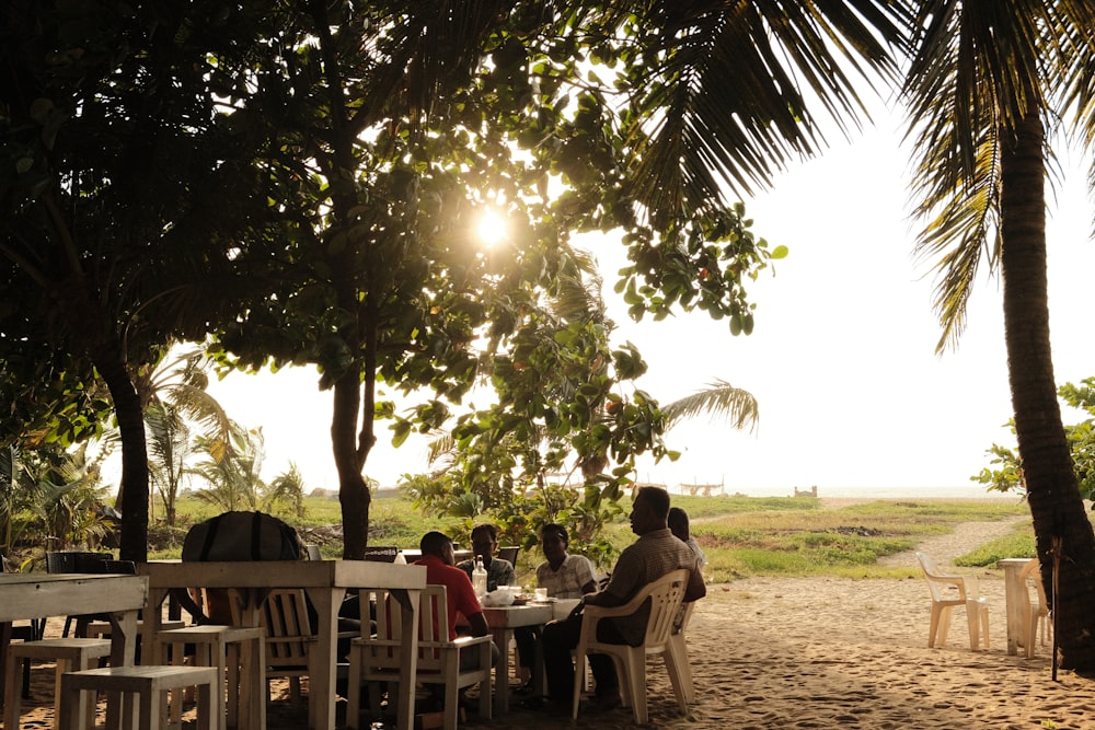 a group of people sitting at a table under a tree