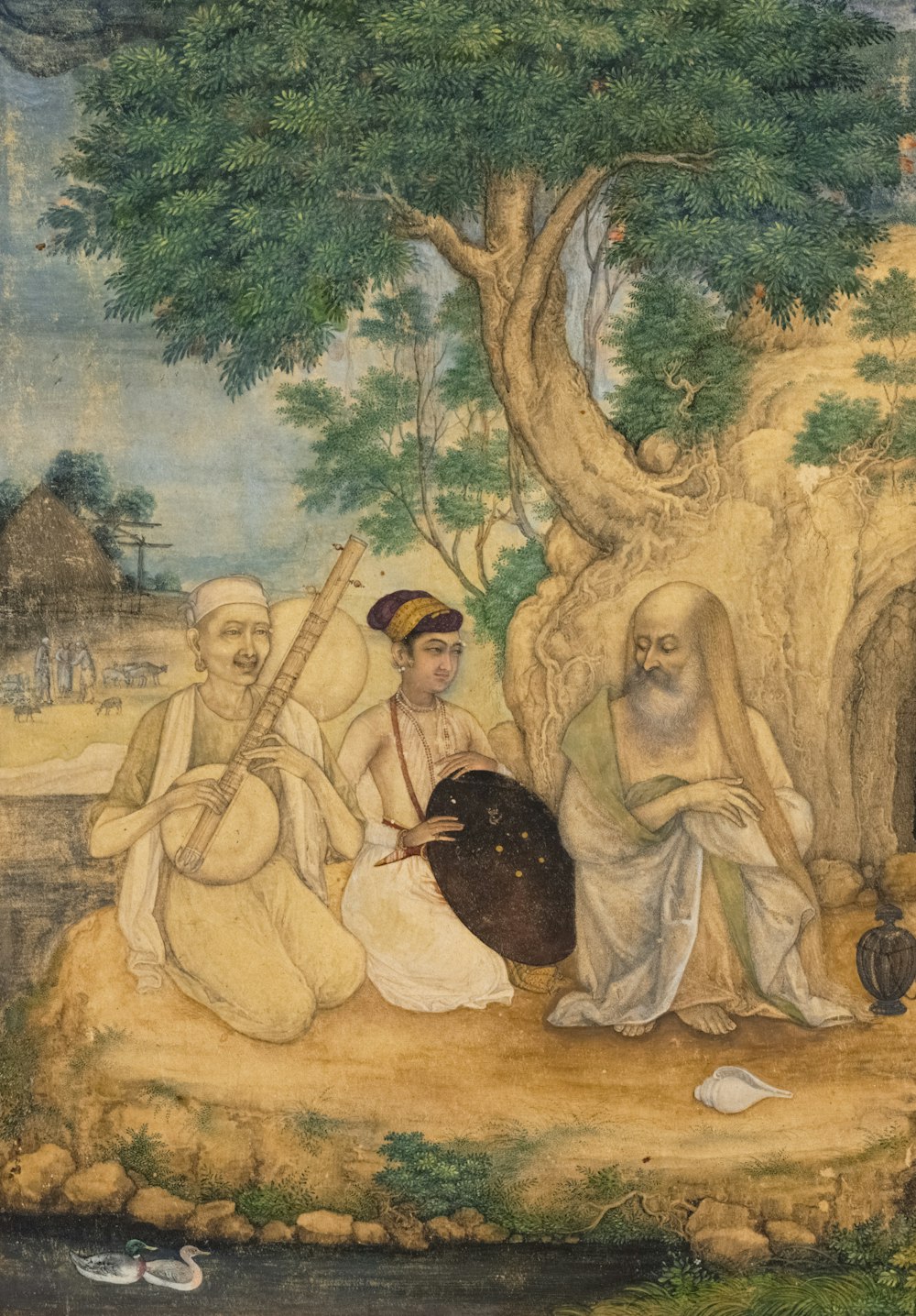 a painting of a group of people sitting under a tree