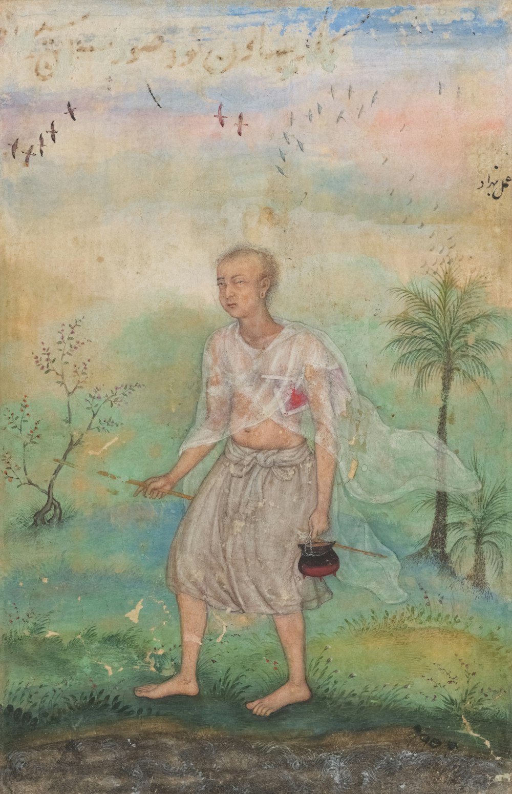 a painting of a man standing in a field