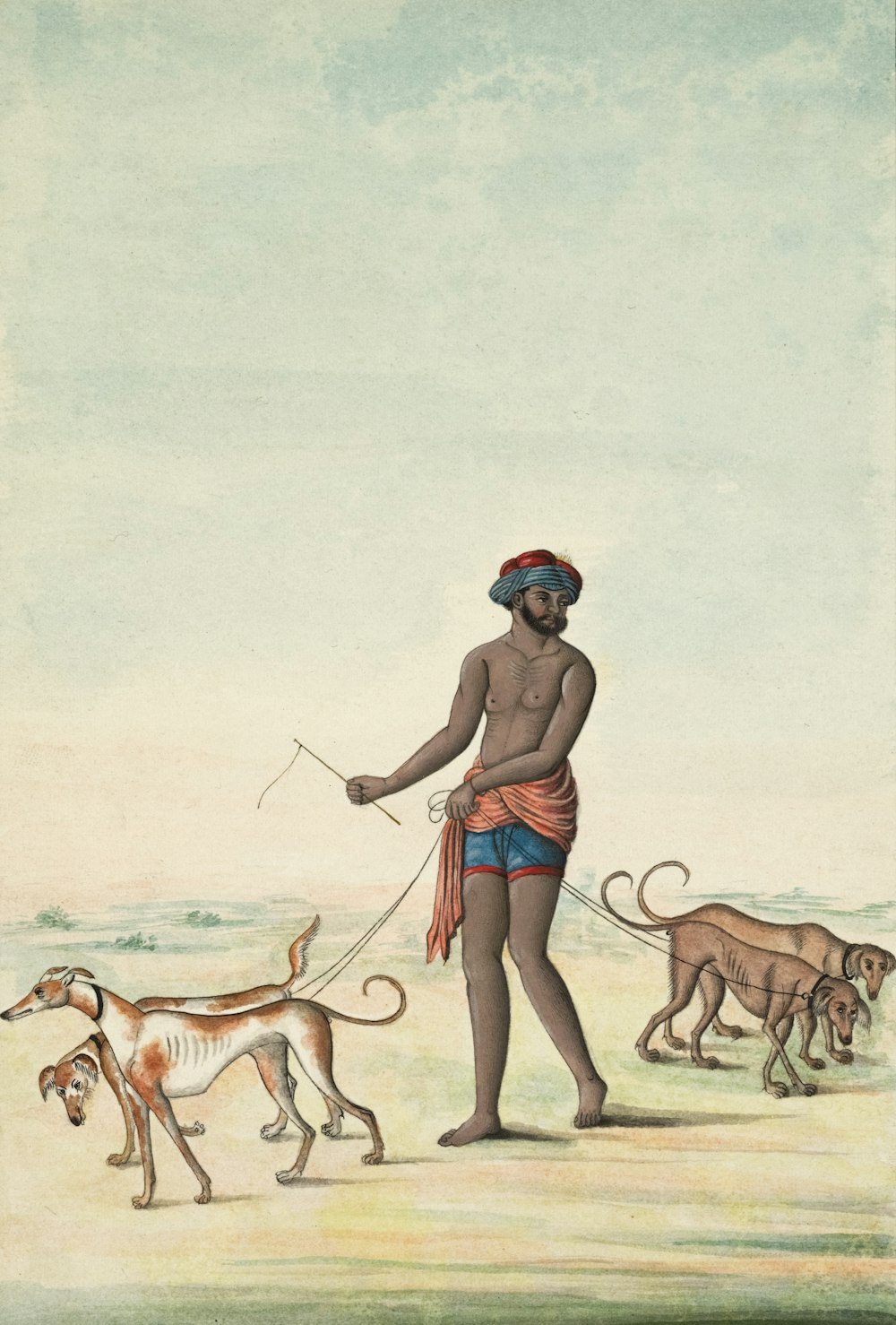 a drawing of a man with two dogs