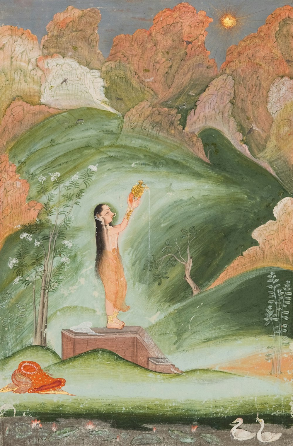 a painting of a man standing on top of a hill