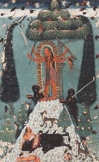a painting of a man surrounded by dogs