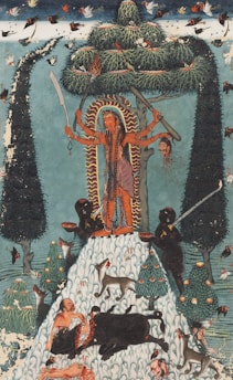 a painting of a man surrounded by dogs