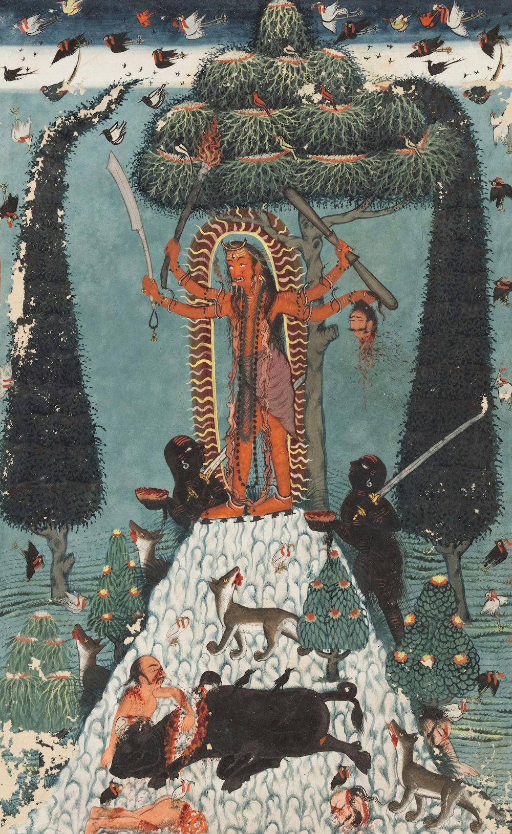 a painting of a man surrounded by dogs