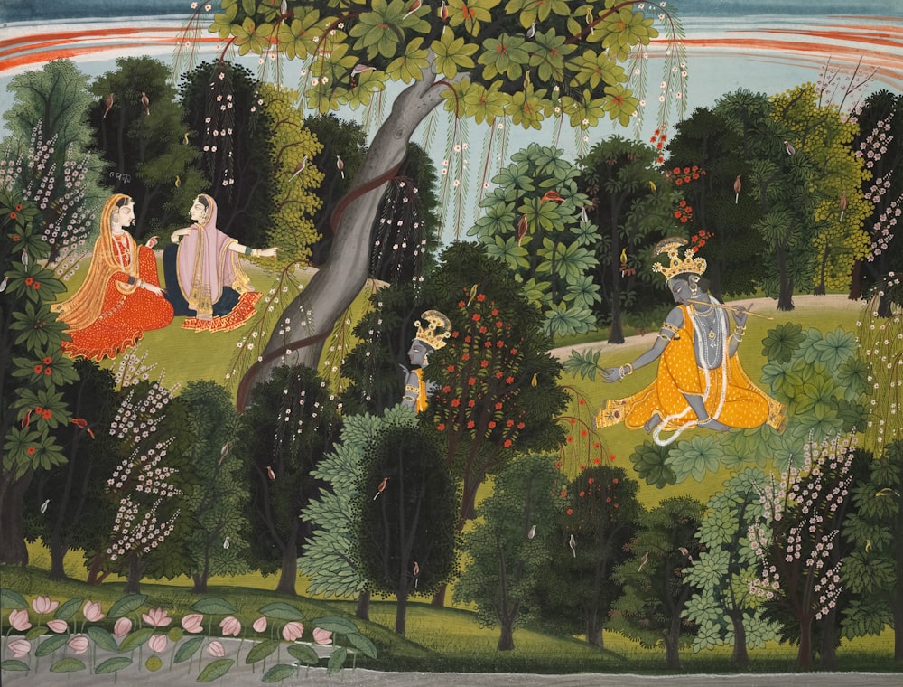 a painting of people in a forest