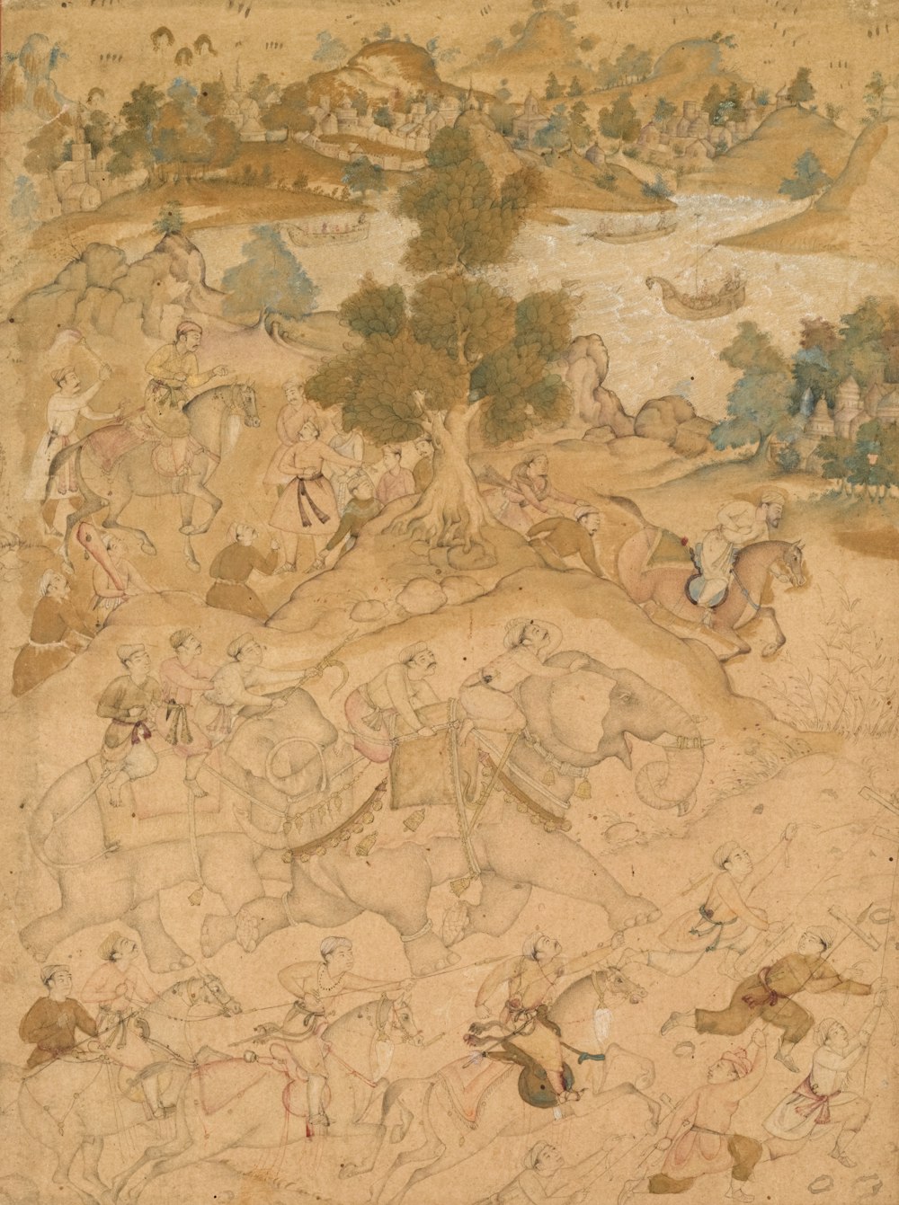 a painting of a group of people riding horses