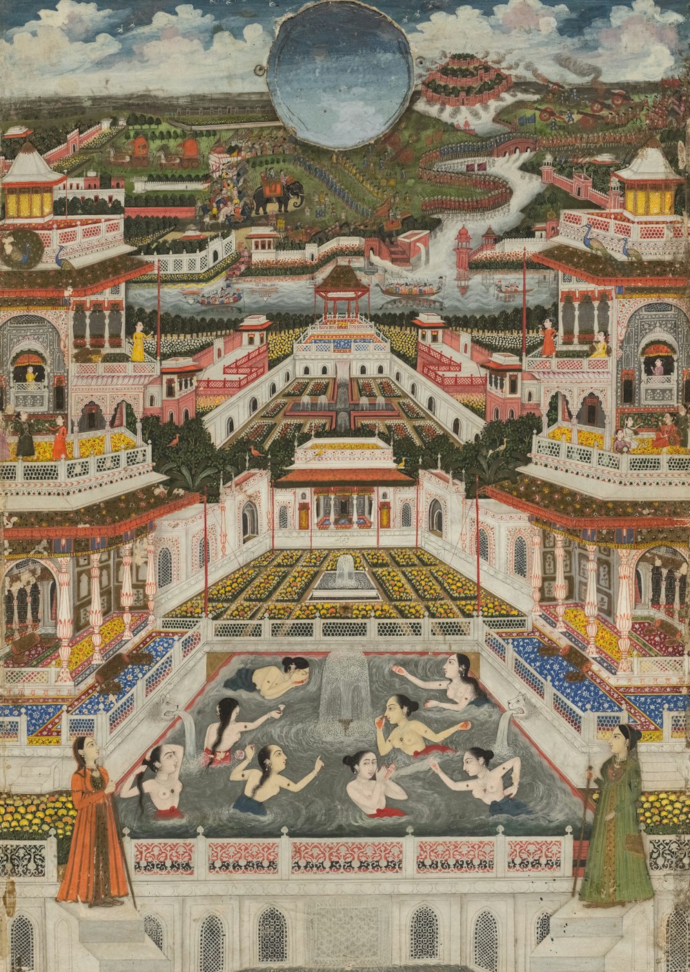 a painting of a palace with a pool surrounded by people
