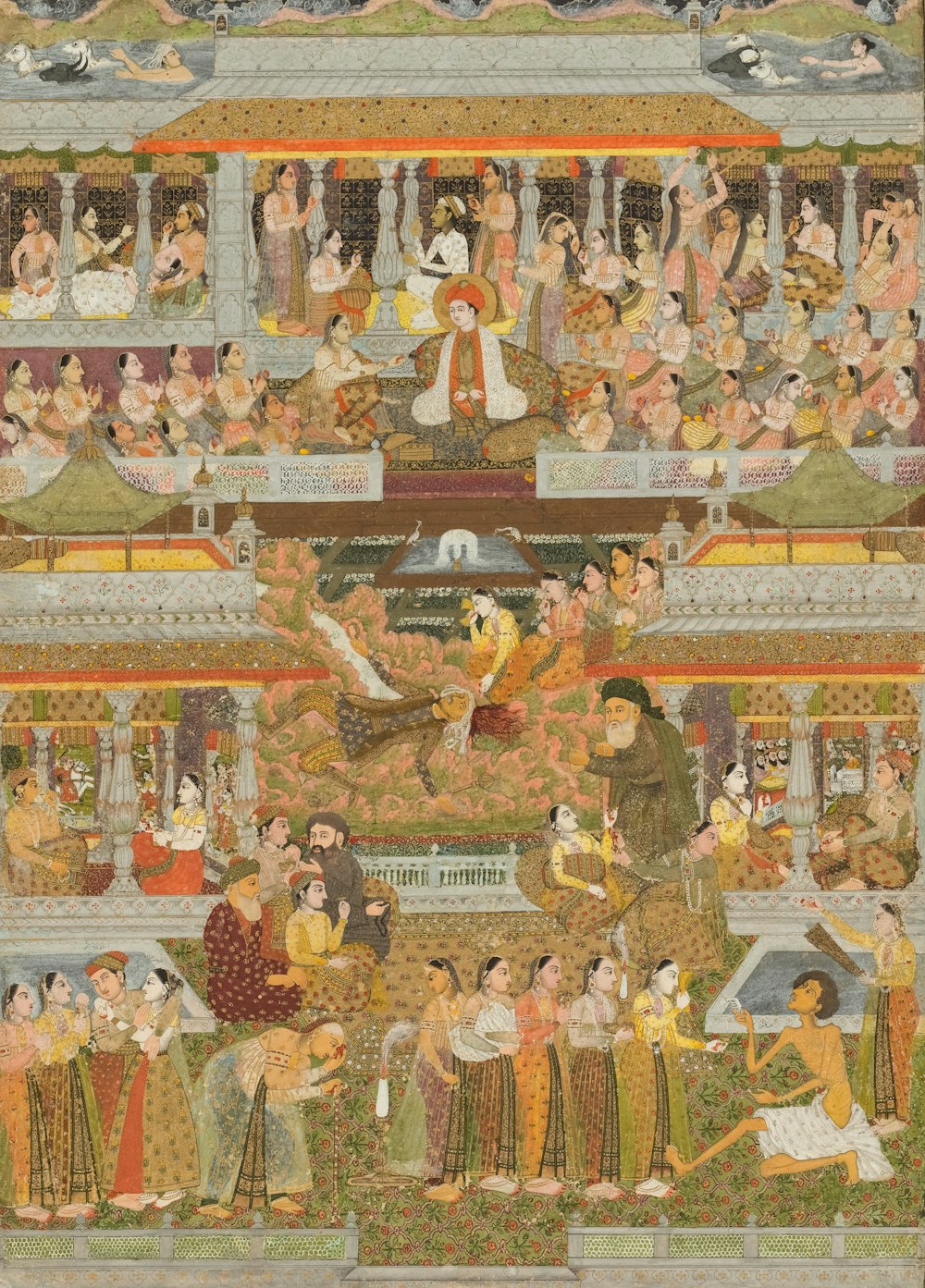Una pintura de un grupo de personas en un palacio