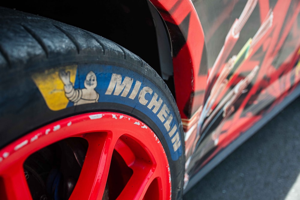 a close up of a tire on a race car