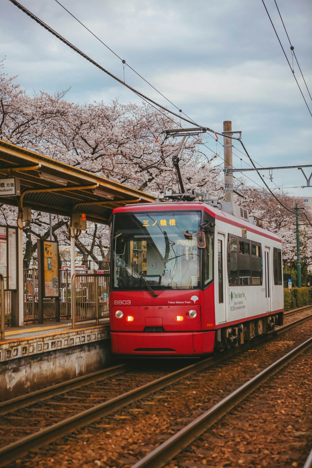 ein rot-weißer Zug, der über Bahngleise fährt