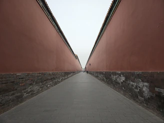 a person walking down a walkway between two red walls