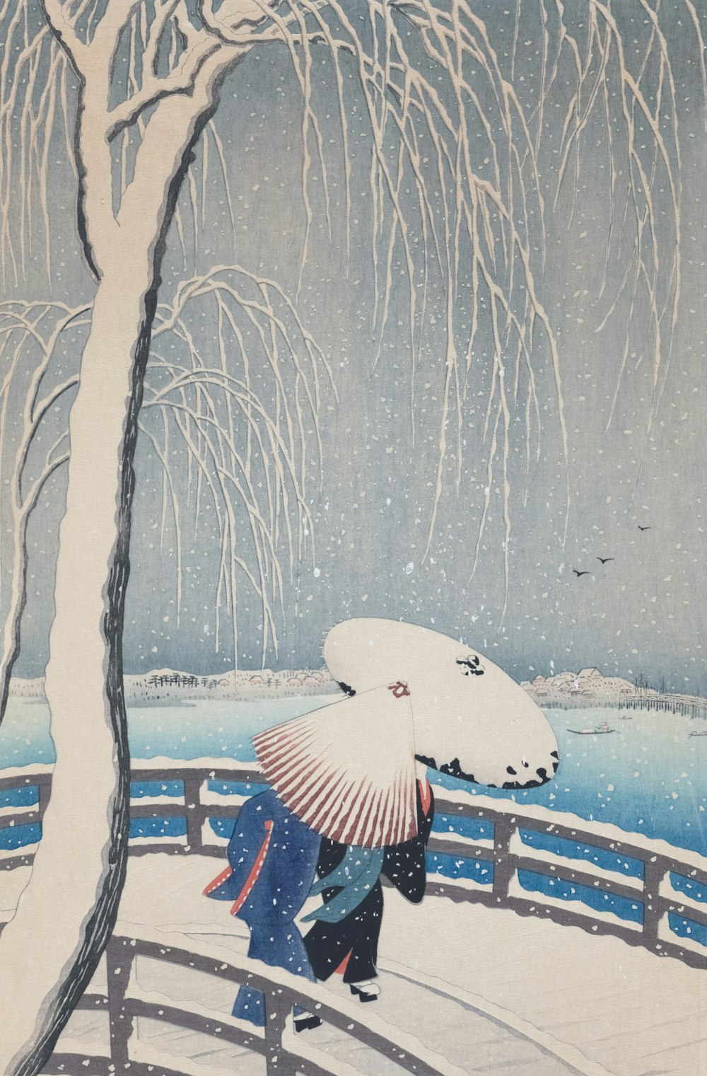 uma pintura de uma mulher segurando um guarda-chuva na neve