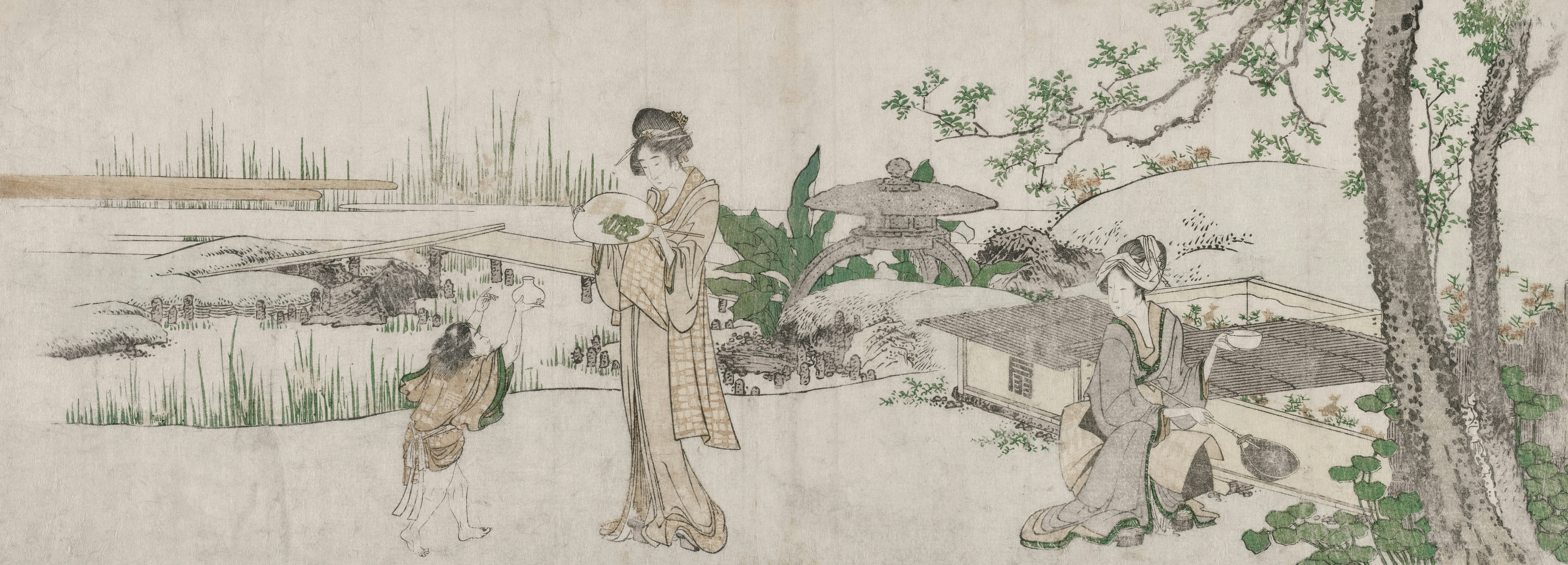 Two Women and a Child Beside a Goldfish Tank c. 1800 Katsushika Hokusai 葛飾 北斎 (Japanese, 1760–1849) Japan, Edo period (1615-1868) Color woodblock print Gift of Mrs. Ralph King 1943.1 https://www.clevelandart.org/art/1943.1