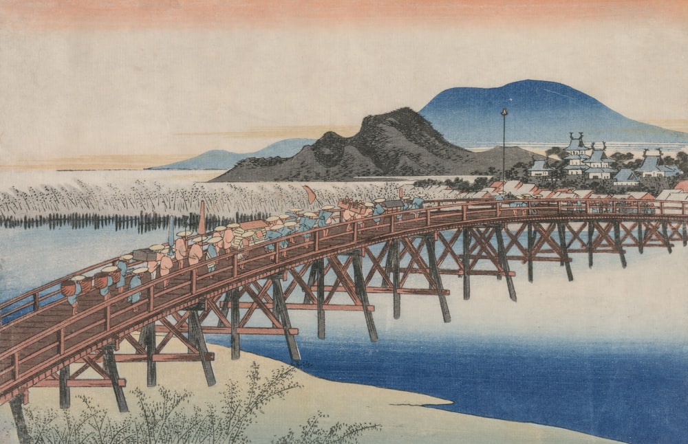 a painting of a bridge over a body of water