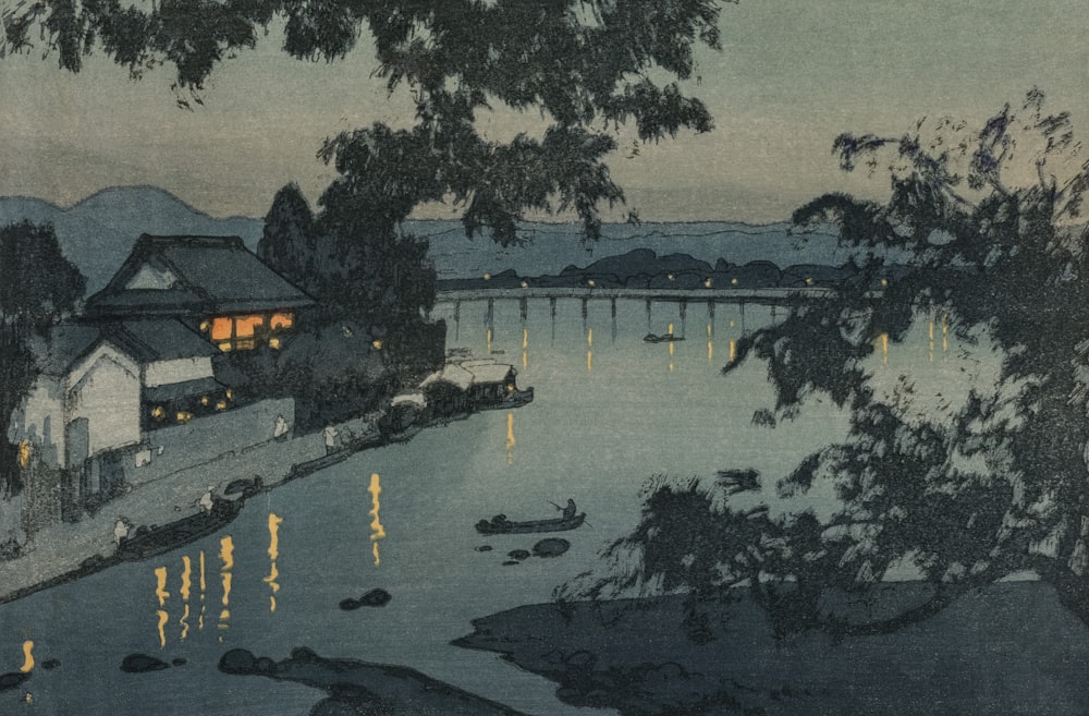 a painting of a body of water at night