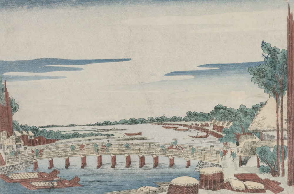 a painting of a bridge over a body of water