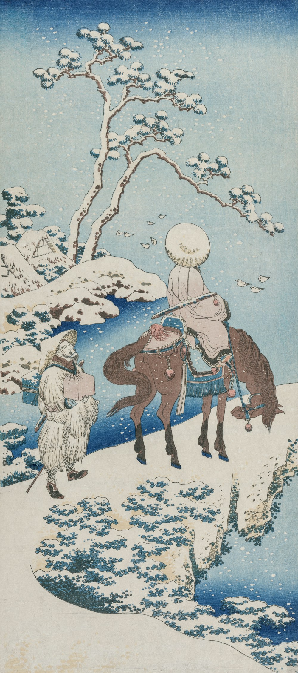 a painting of a man riding a horse in the snow