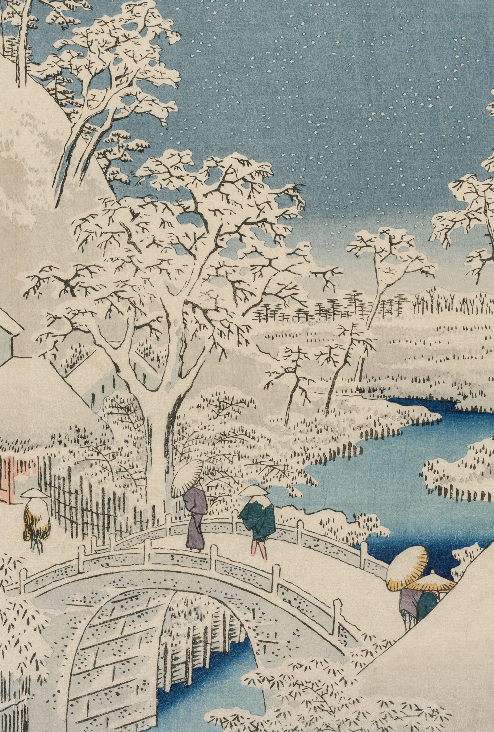 Twilight at the Drum Bridge in Meguro, ukiyo-e by Utagawa Hiroshige, 1857