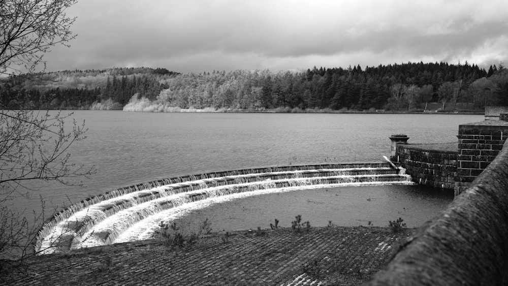 a dam on a lake with a forest in the background