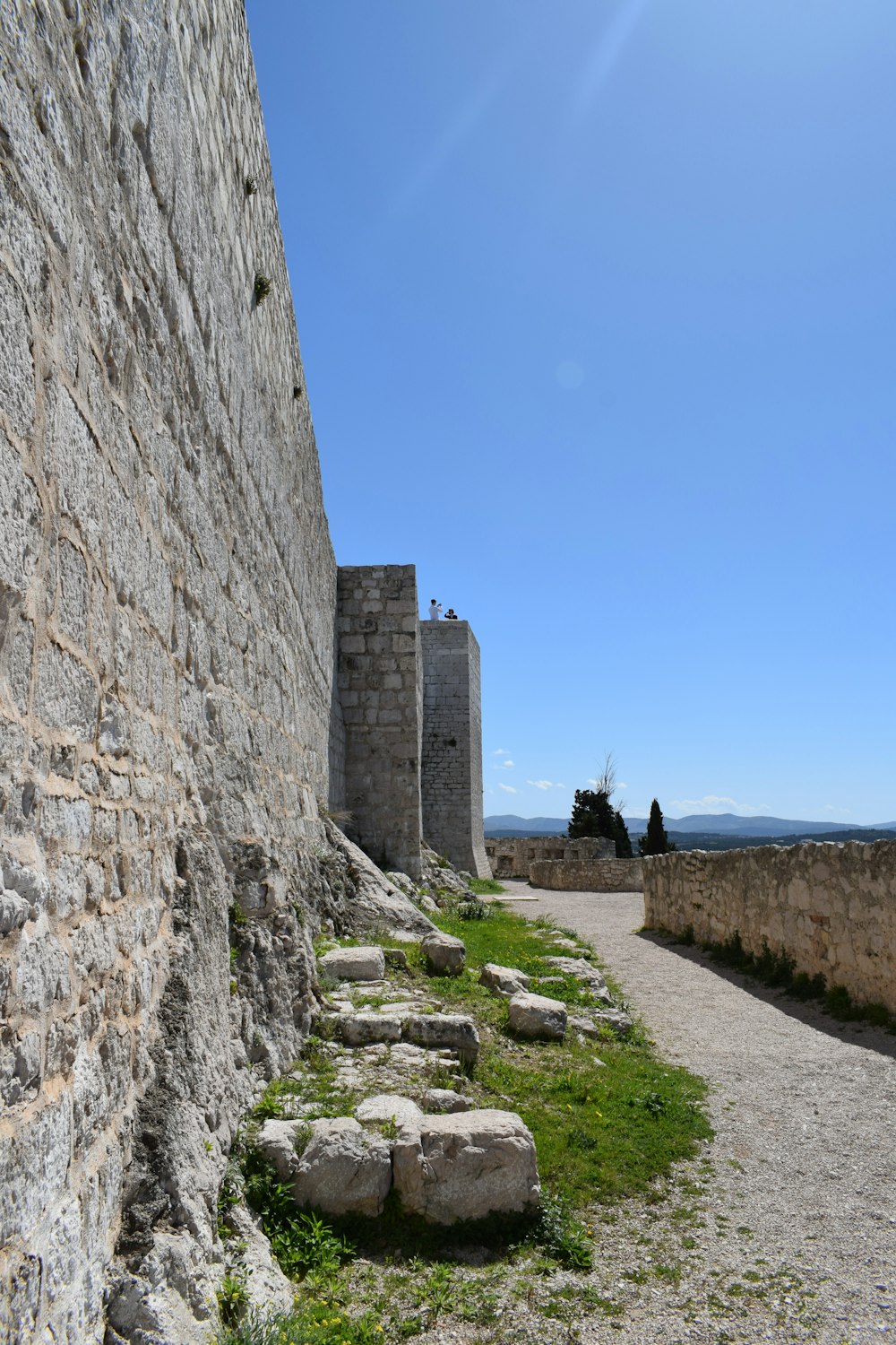 a stone wall with grass growing between it