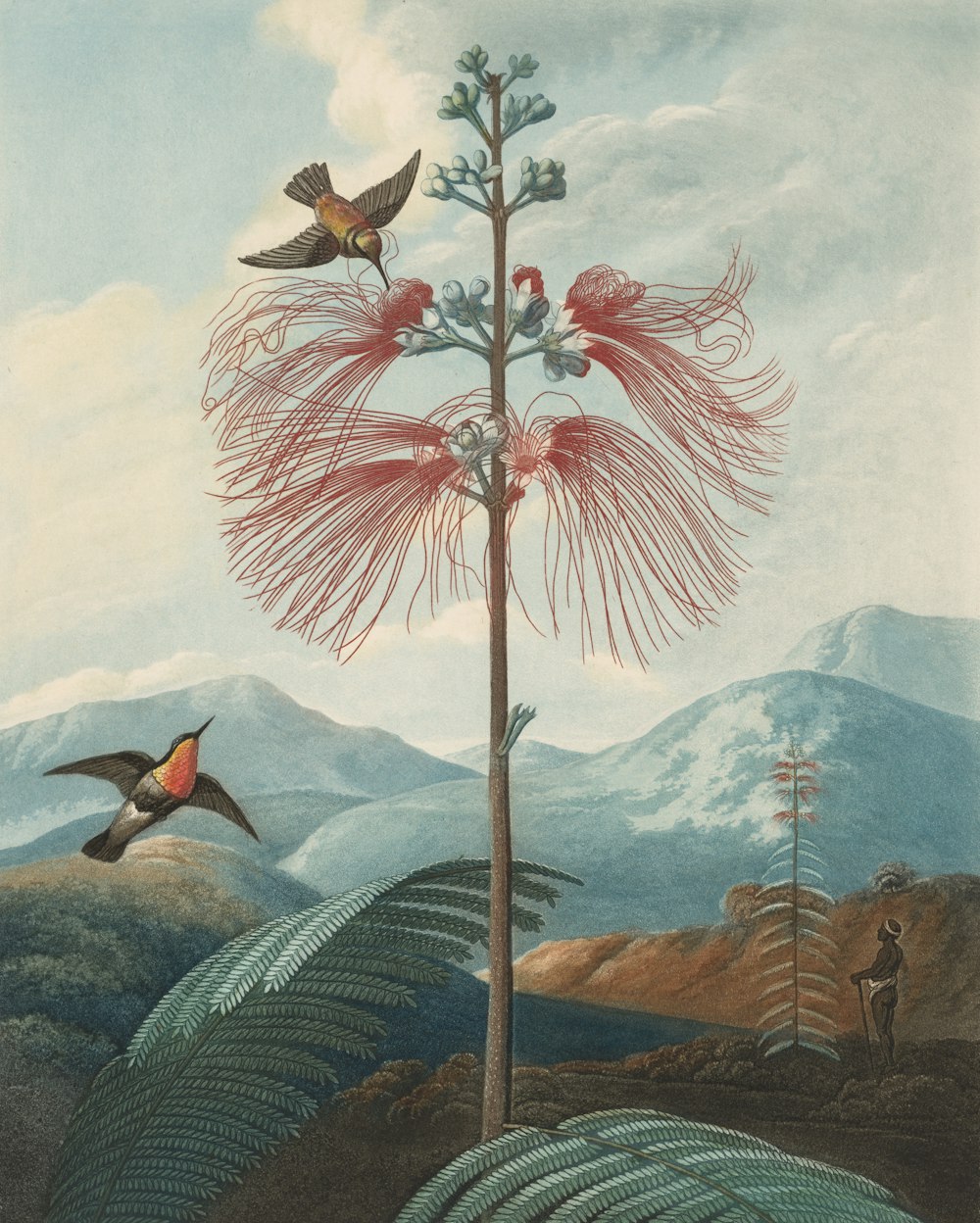 a painting of a bird flying over a tree