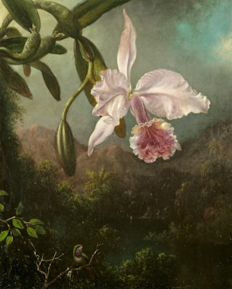 a painting of a white flower on a tree branch