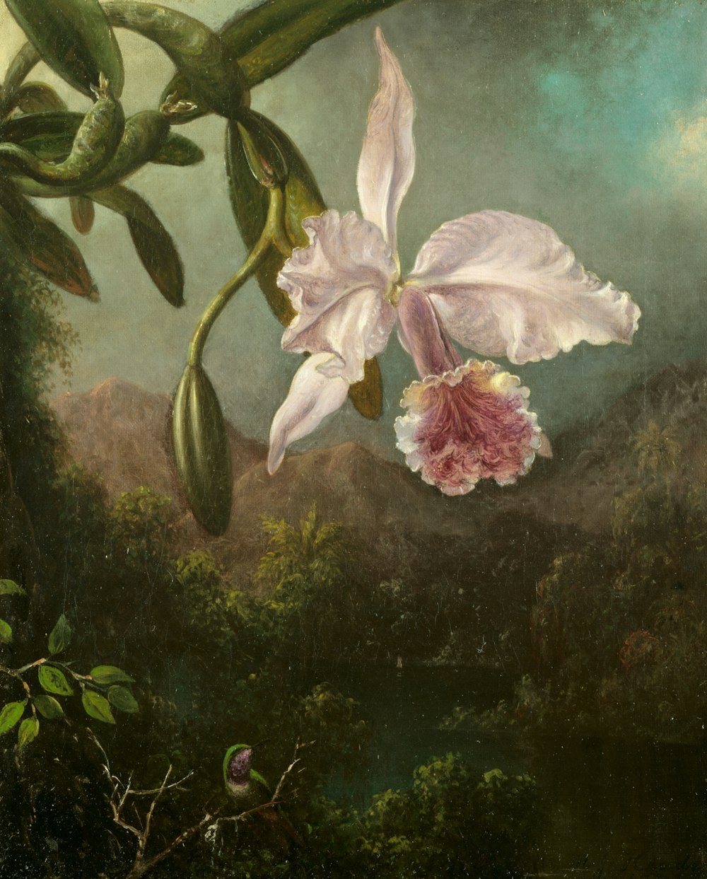 a painting of a white flower on a tree branch