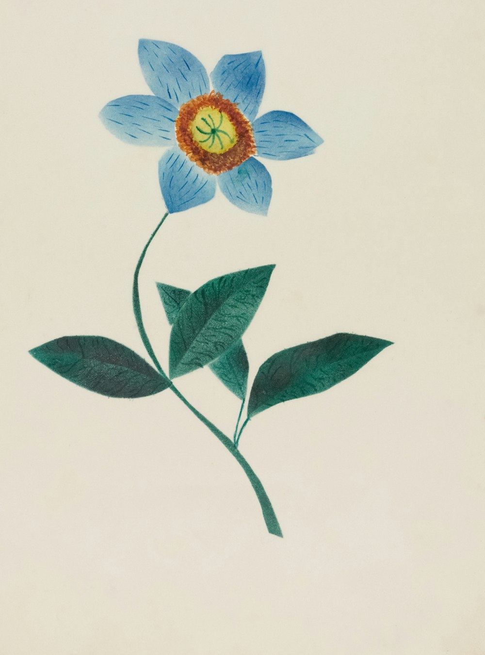 a drawing of a blue flower with green leaves