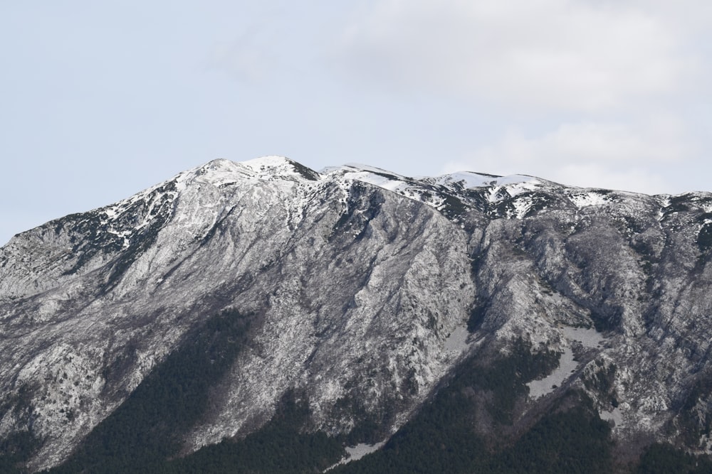 a mountain covered in snow under a cloudy sky