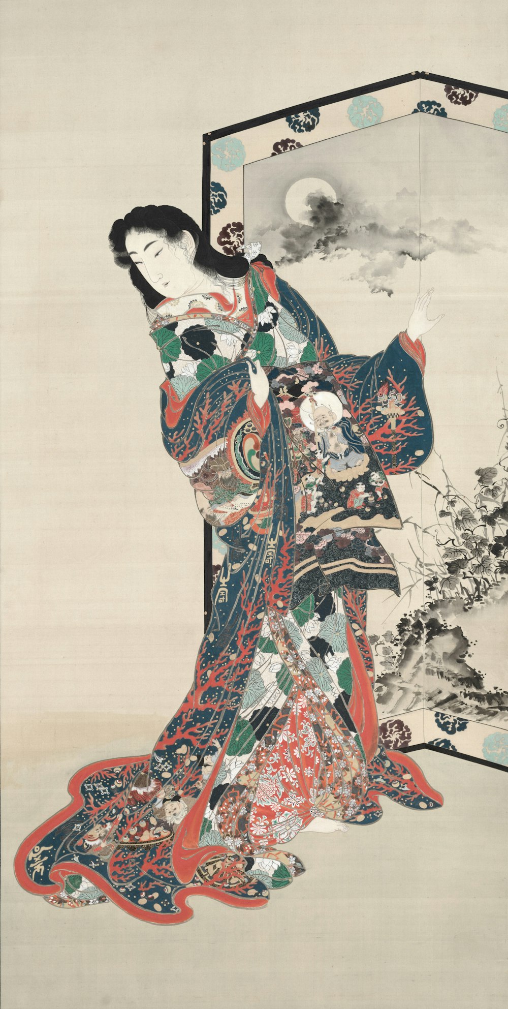 uma pintura de uma mulher em um quimono