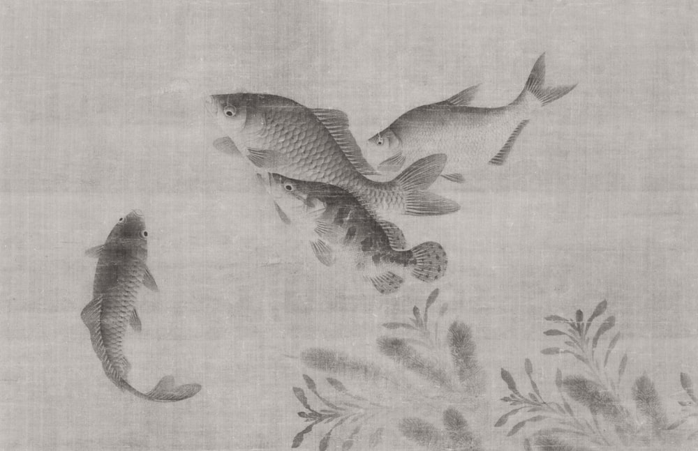 a painting of two fish swimming in a pond