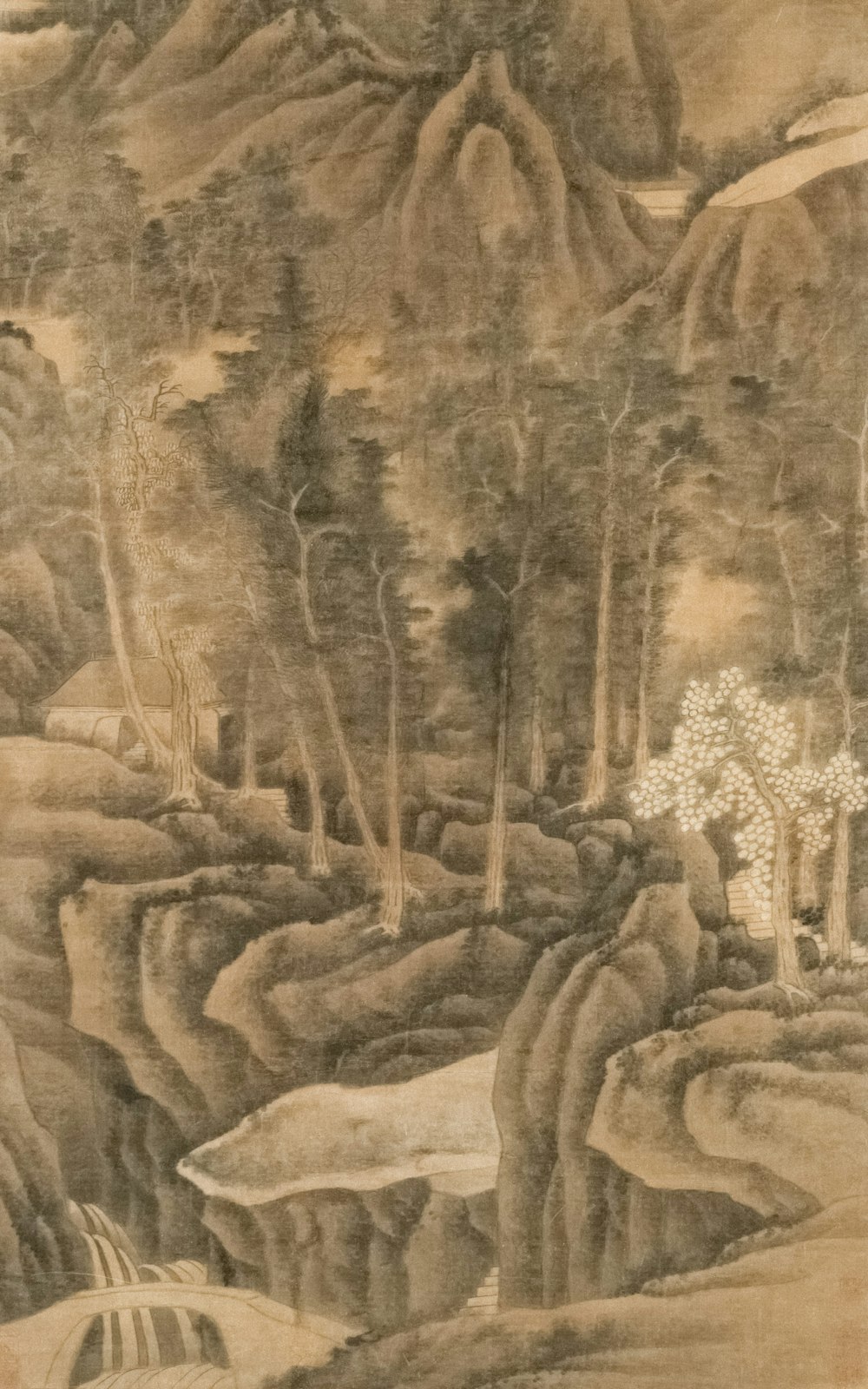 a painting of a mountain landscape with trees