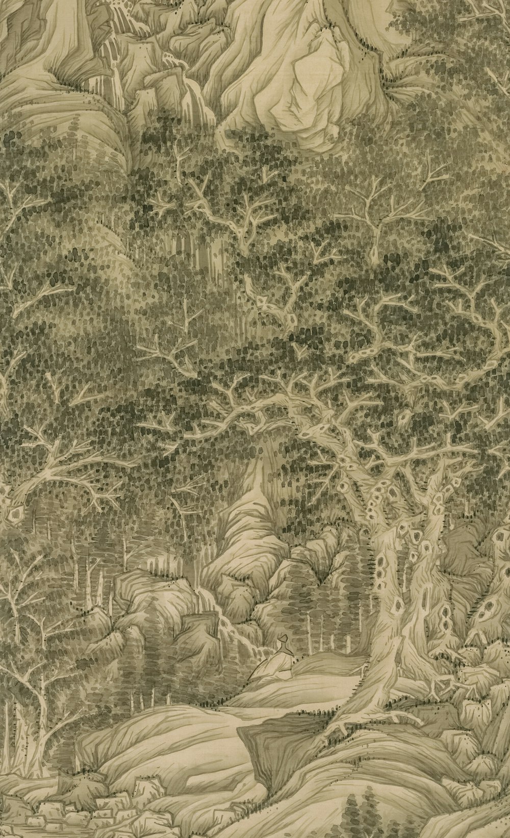 a drawing of a mountain landscape with trees