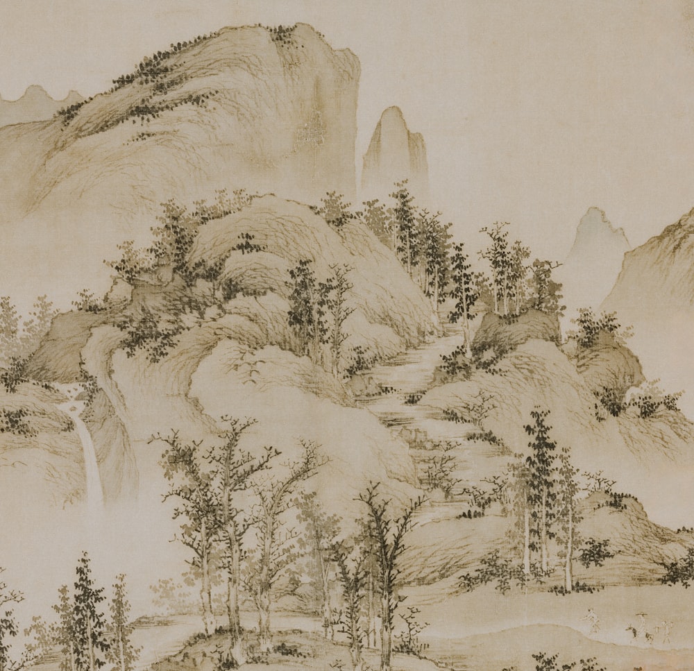 a painting of a mountain scene with a waterfall