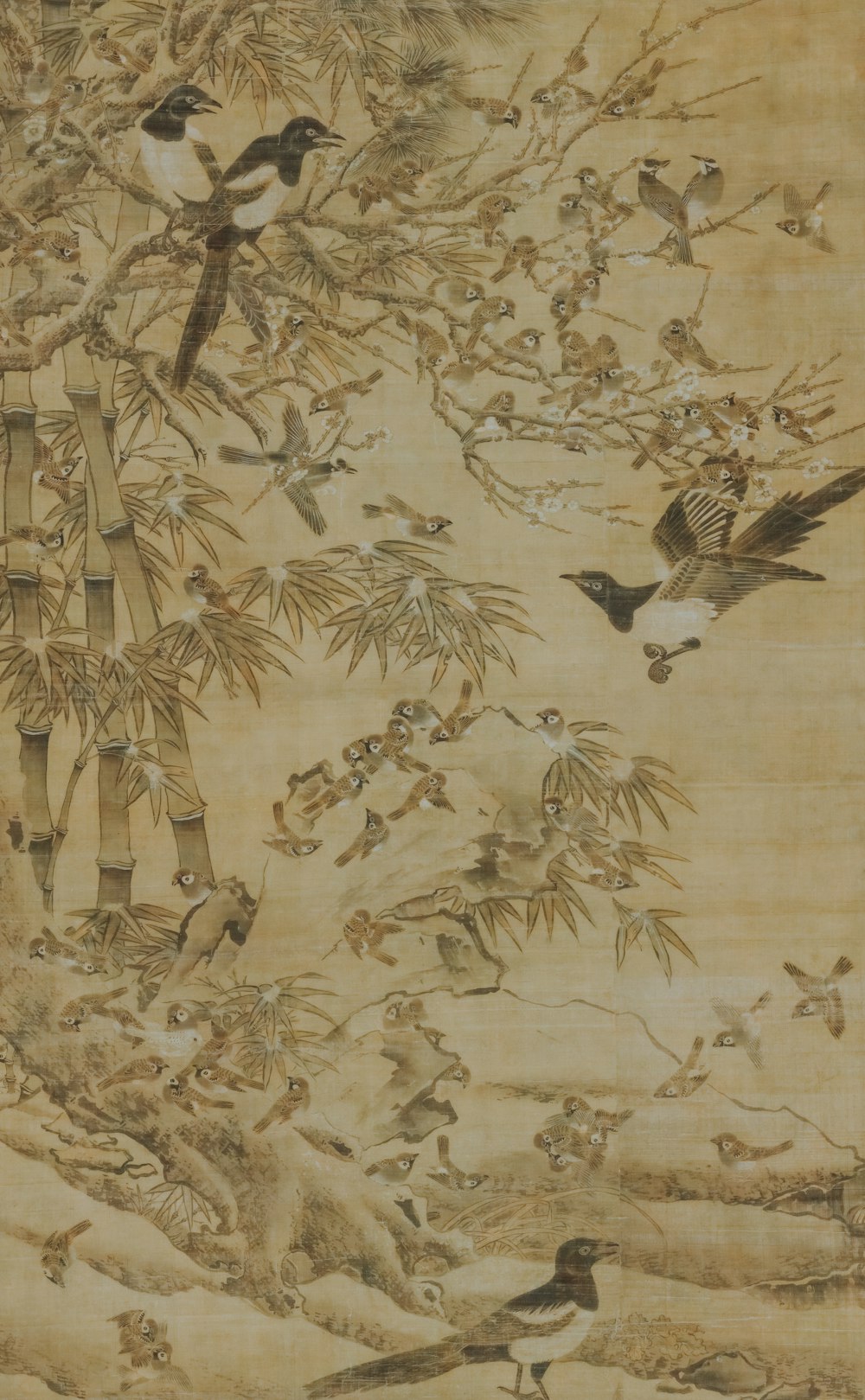 una pintura de pájaros en un árbol de bambú