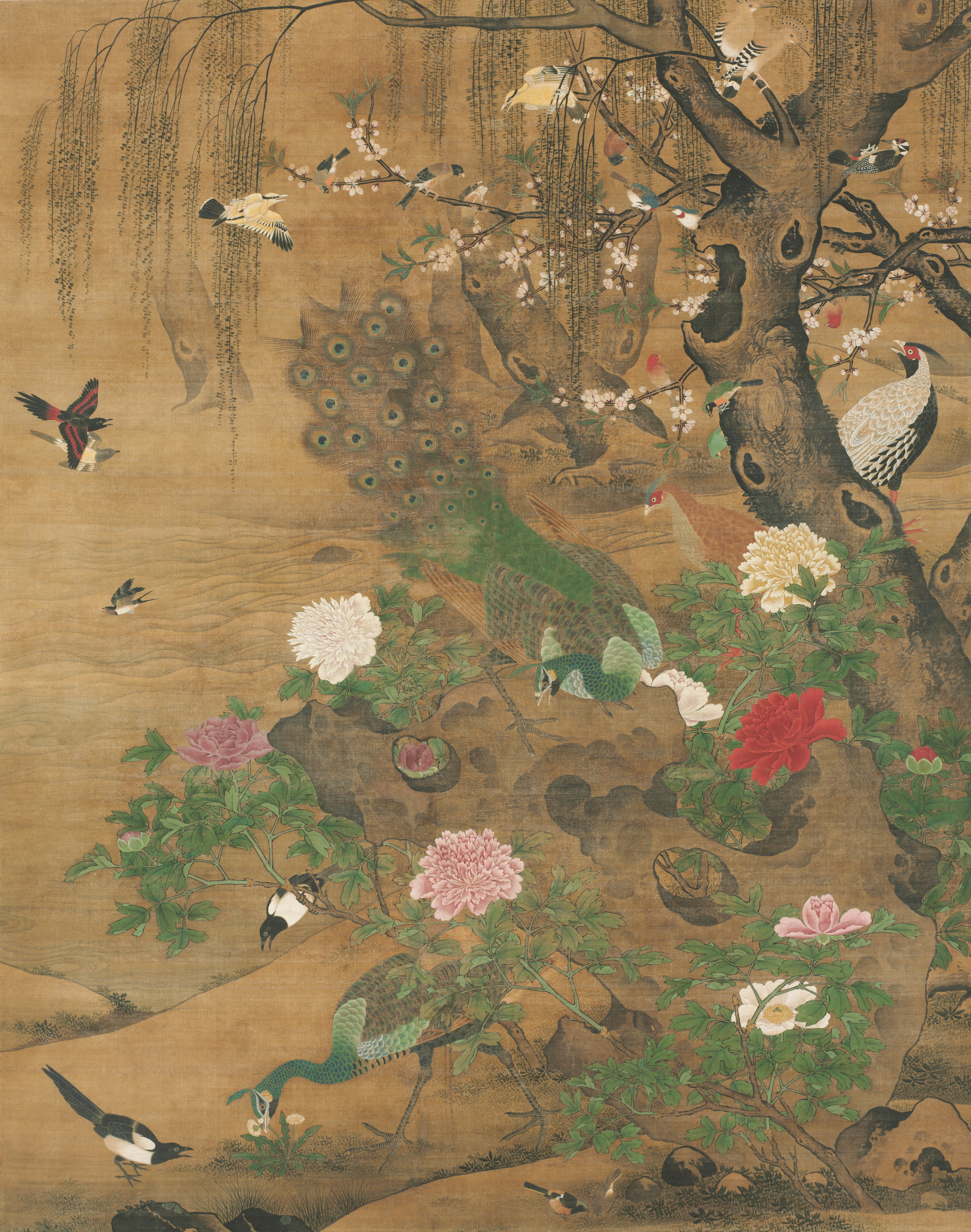 a painting of birds, flowers, and a tree