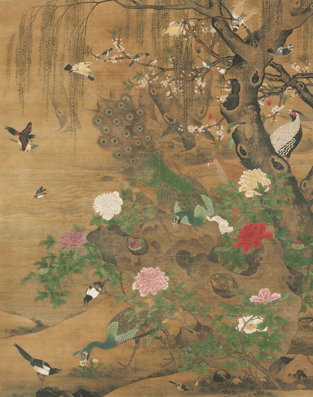 a painting of birds, flowers, and a tree