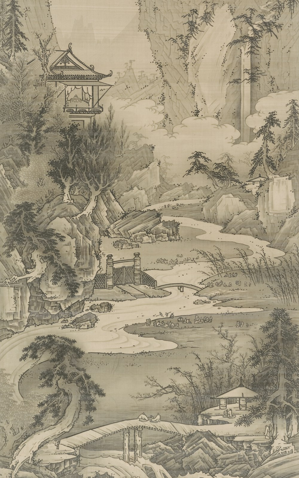 a drawing of a landscape with a pagoda in the background