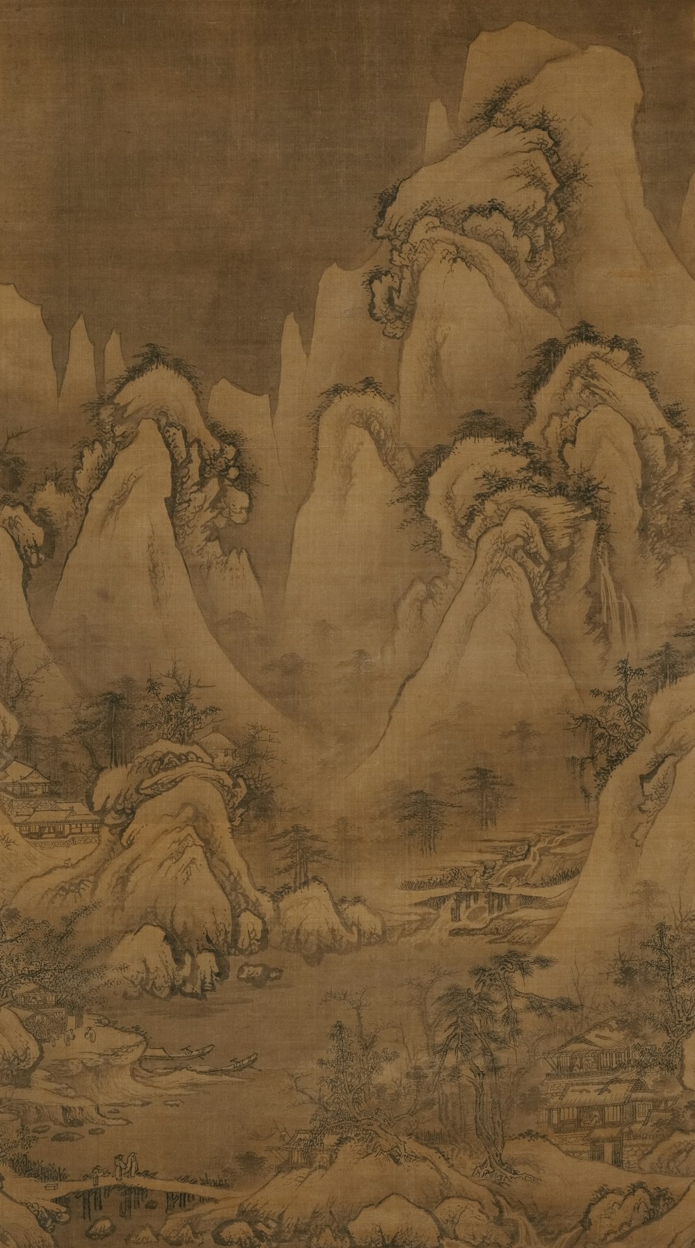 a painting of a mountain range with a river running through it