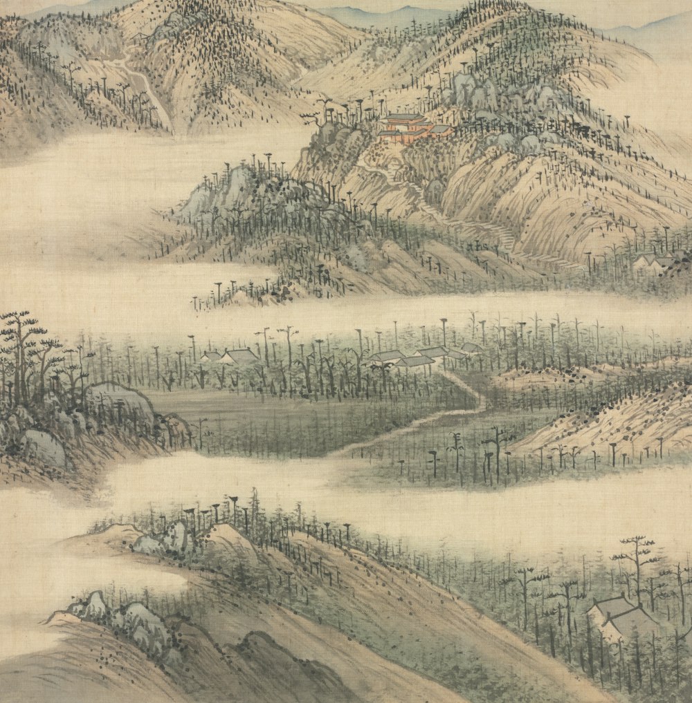 a painting of a mountain landscape with trees