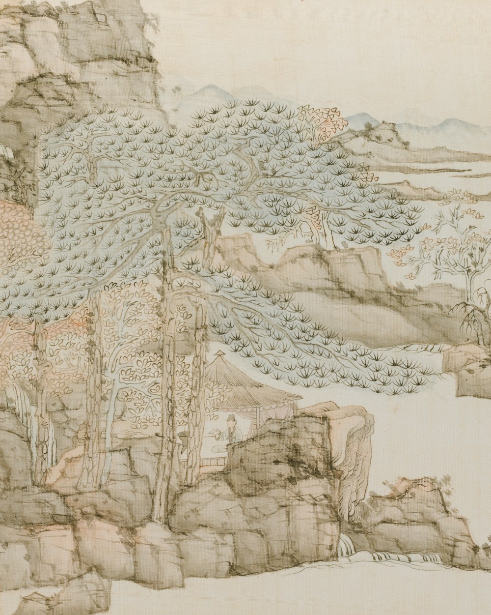 a painting of a mountain landscape with trees