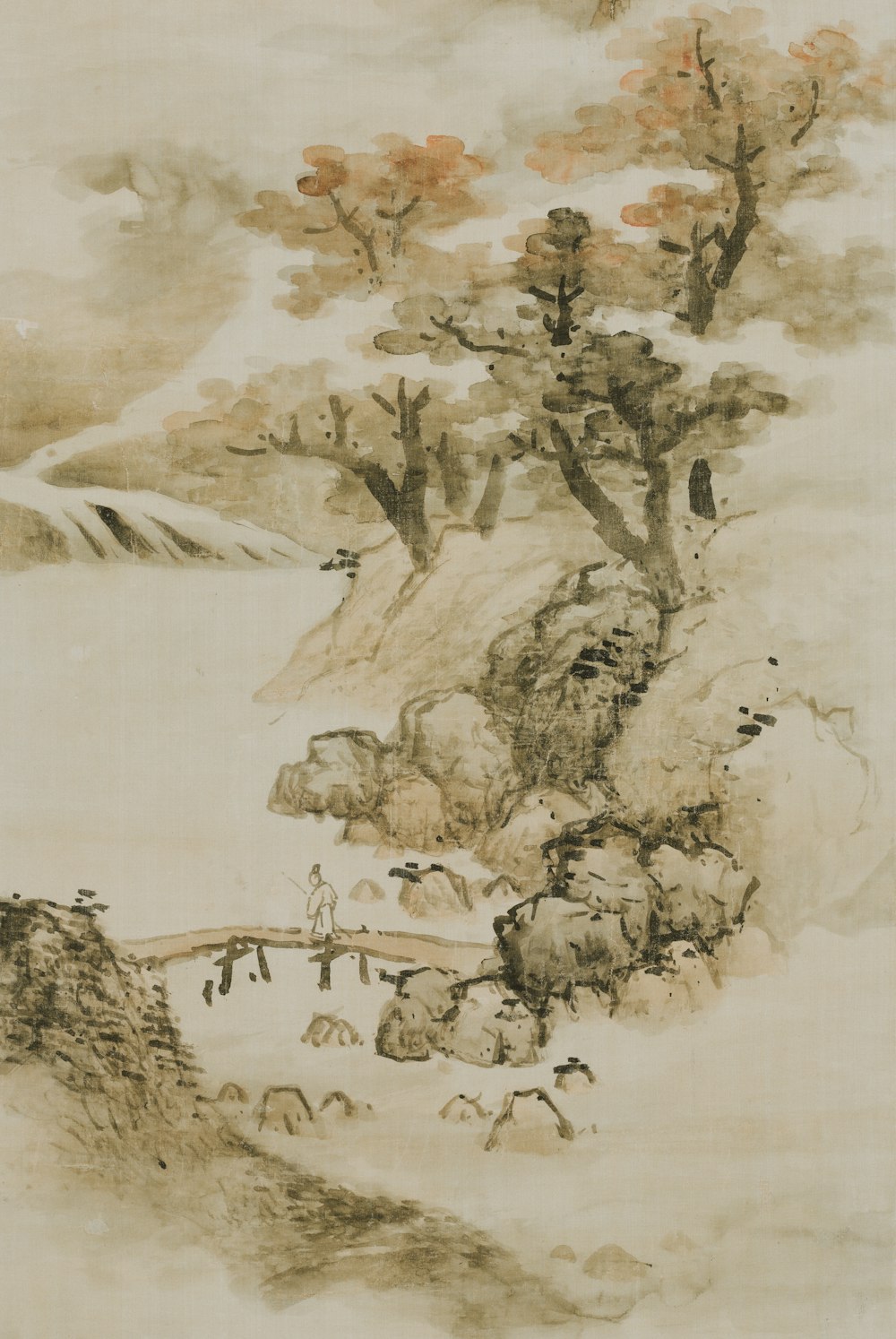 a painting of a landscape with trees and animals