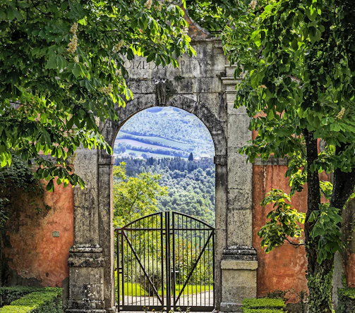 a gate with a mountain view through it