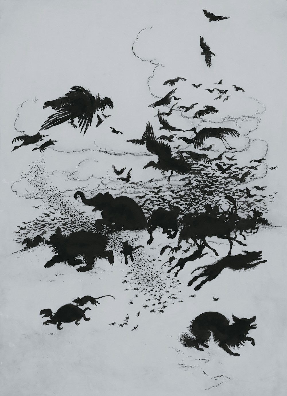a black and white drawing of animals and birds