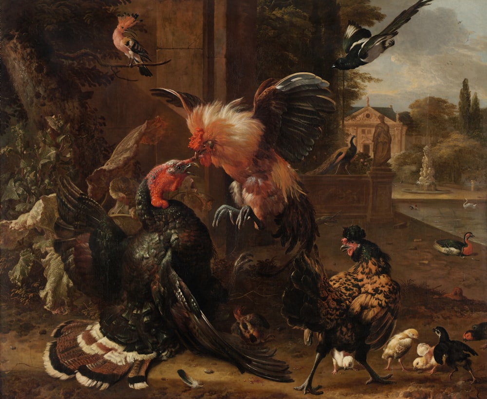 a painting of a group of chickens and birds
