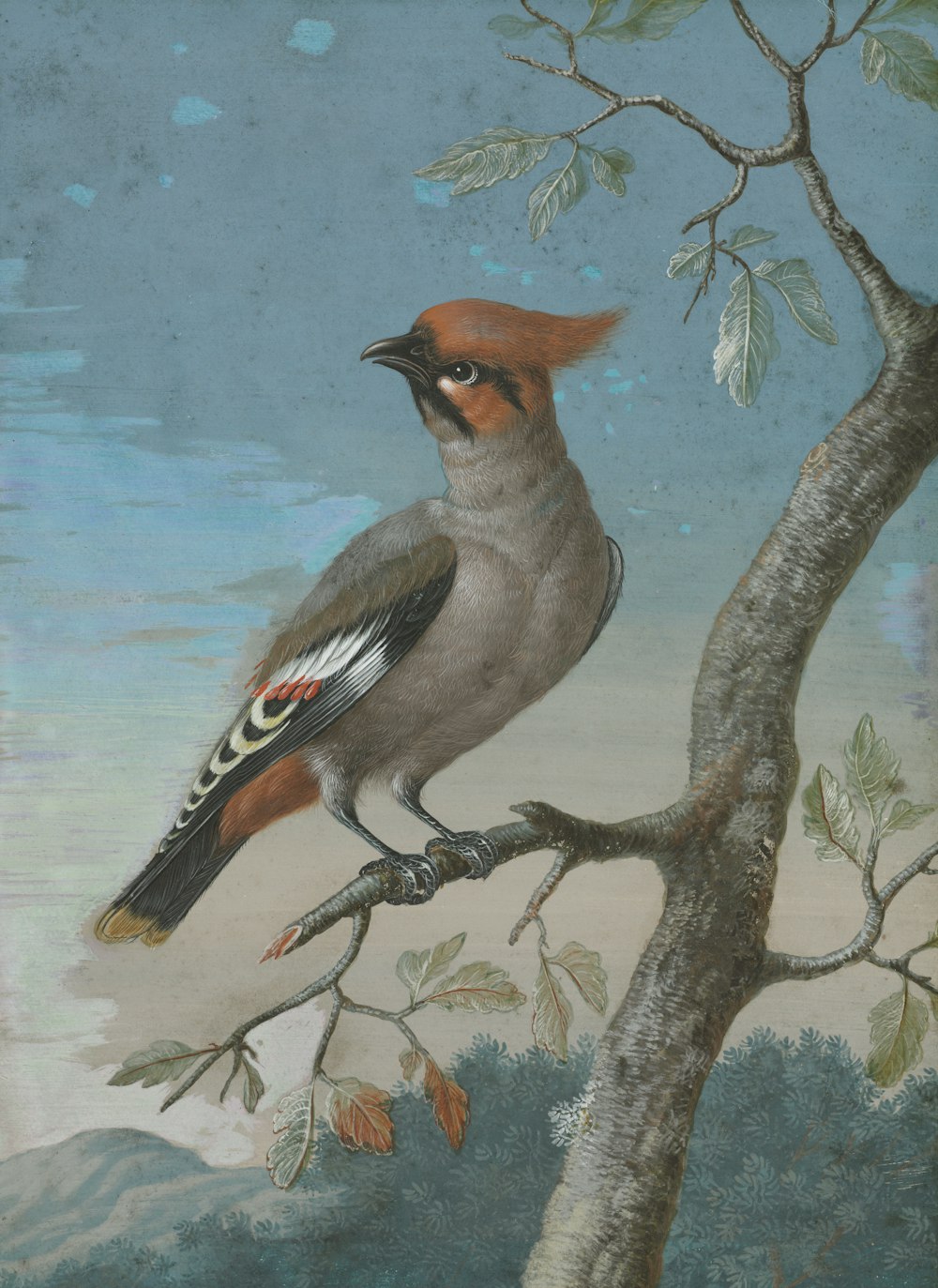 a painting of a bird perched on a tree branch