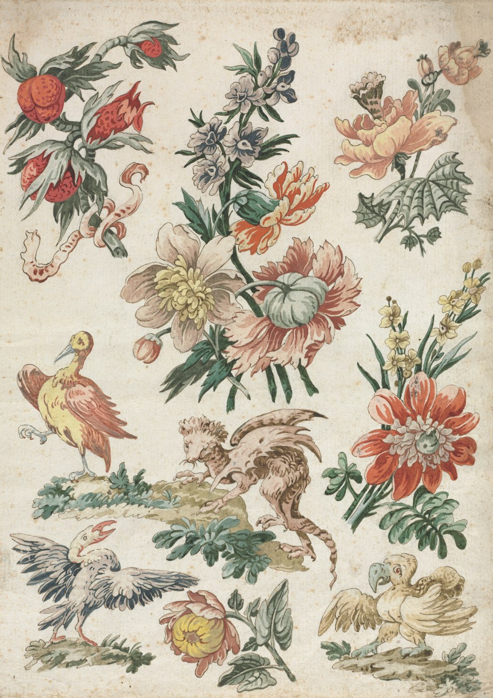 a painting of flowers and birds on a white background